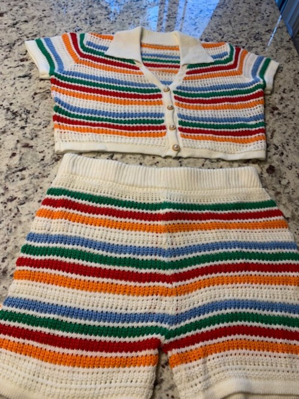 2PCS 1970s Knitted Rainbow Striped Top & Shorts